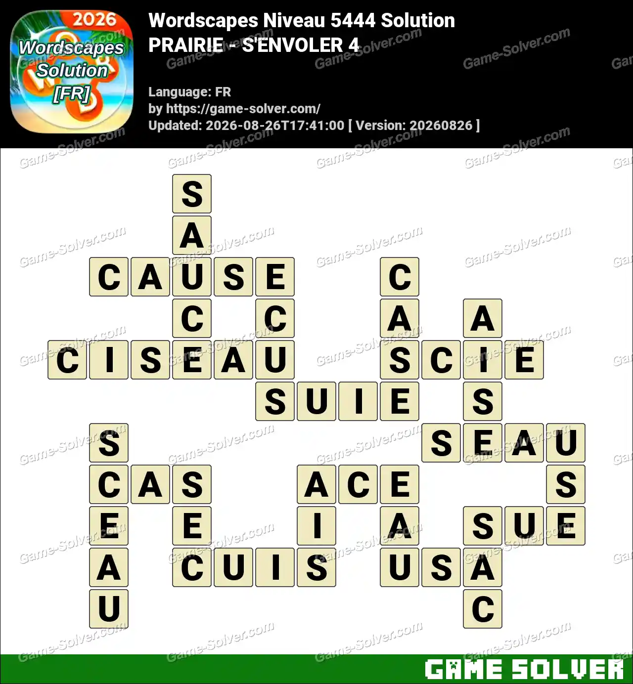 Wordscapes Français Niveau 5444 Solution — PRAIRIE – S’ENVOLER 4